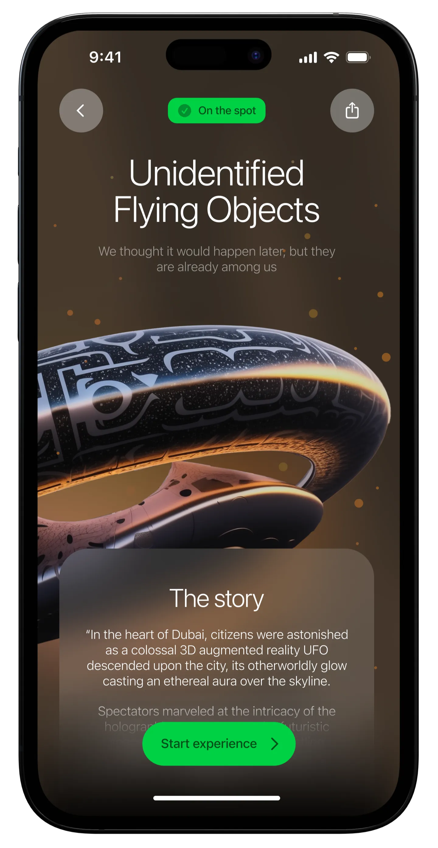 Subview app 'Unidentified Flying Objects' experience screen on iPhone